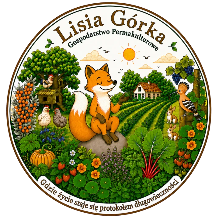 Logo Lisiej Górki z lisem, ogrodem, zwierzętami i uprawami
