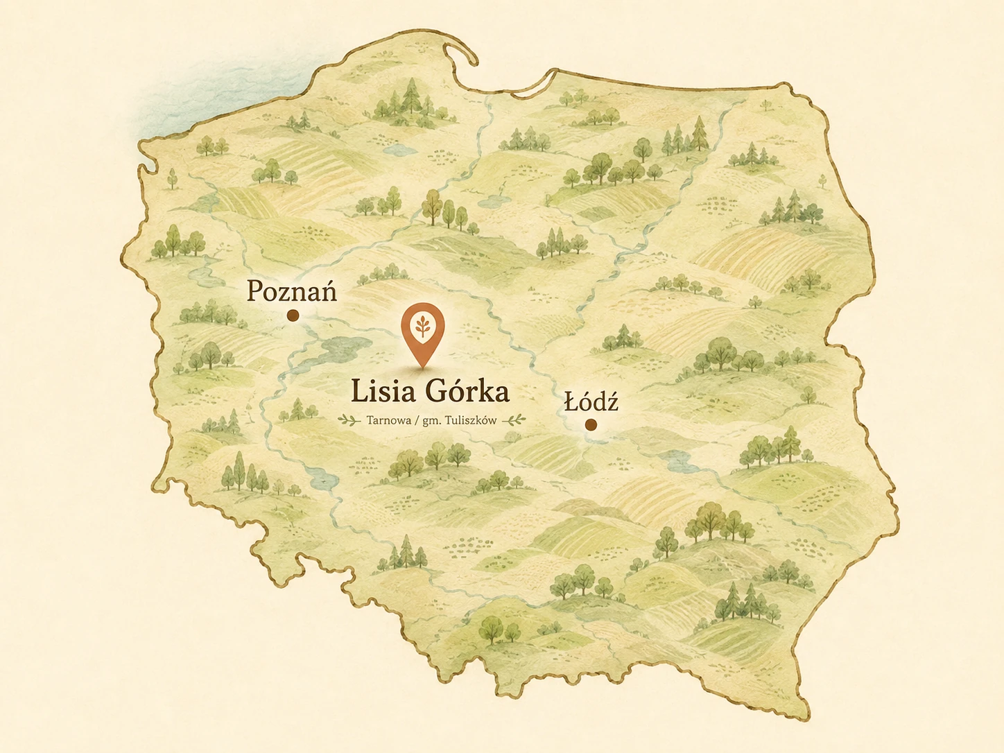 Ilustrowana mapa Polski z zaznaczoną lokalizacją Lisiej Górki między Poznaniem a Łodzią